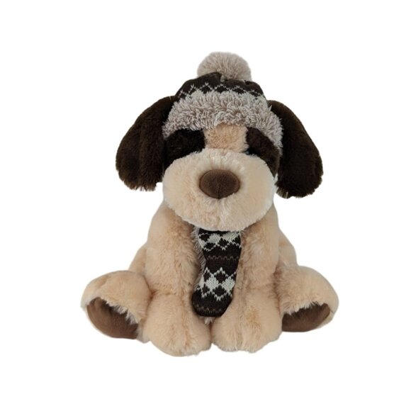 HugFun Puppy Dog Plush 11" Tan & Brown Stuffed Animal Toy Knit Cap Scarf - Picture 1 of 7